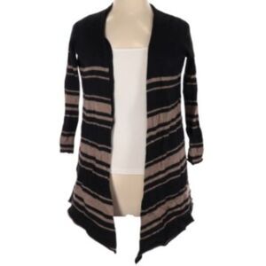 Tahari 100% Wool Stripe Open Cardigan Sweater Assymetrical Tan Black Medium  3/4